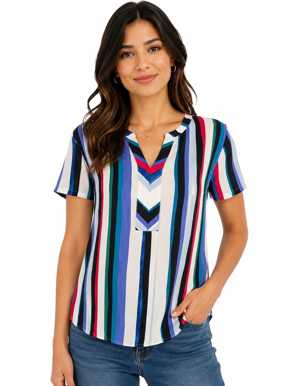 Van Heusen - Striped V-Neck Short Sleeve Blouse